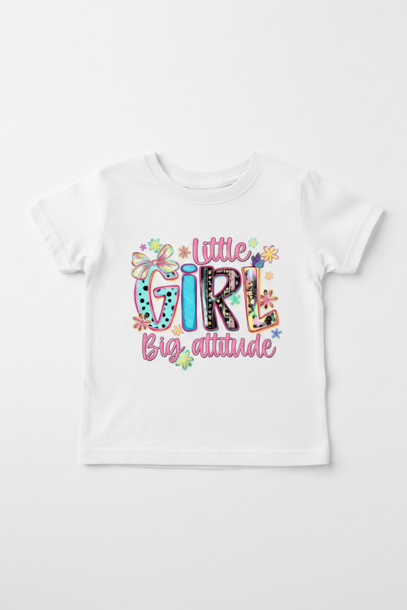 Toddler white Little Girl Big Attitude tee flat lay