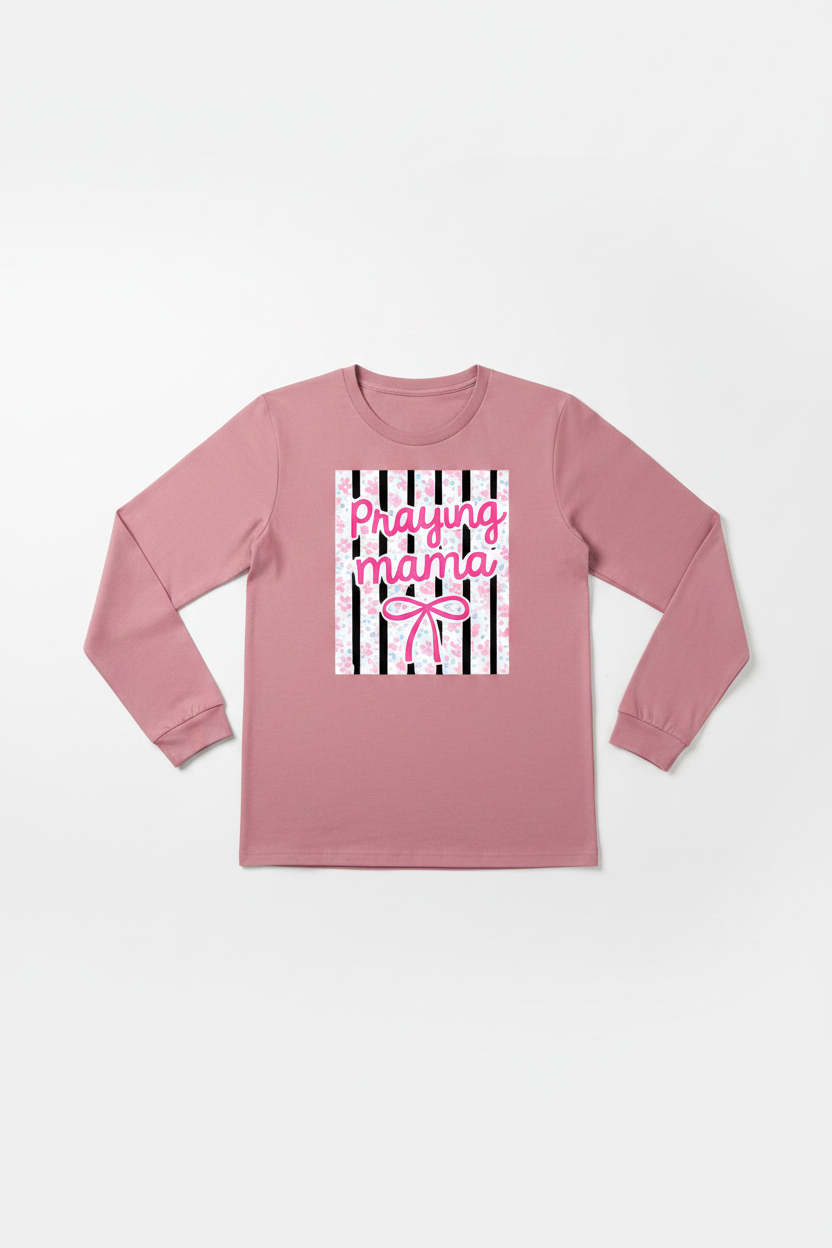Women's dusty rose Praying Mama long sleeve tee flat lay