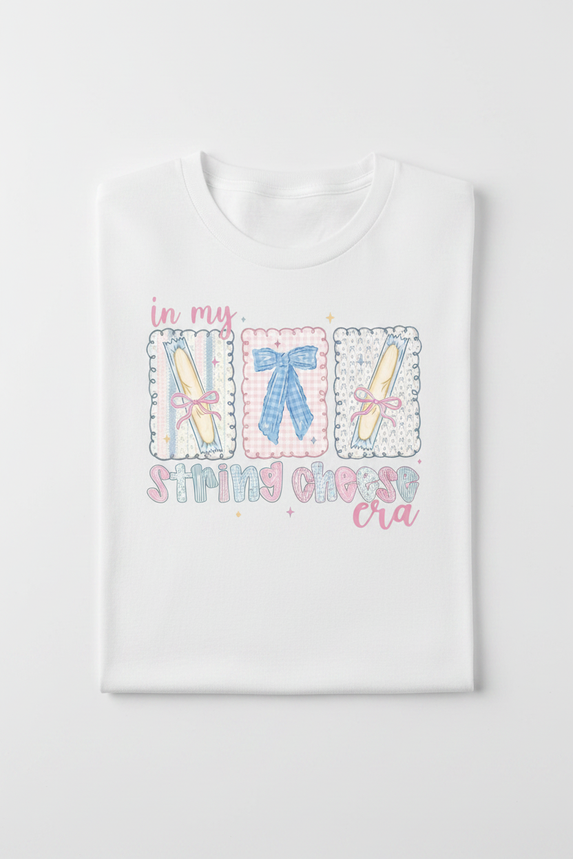 In My String Cheese Era tee folded white shirt flat lay