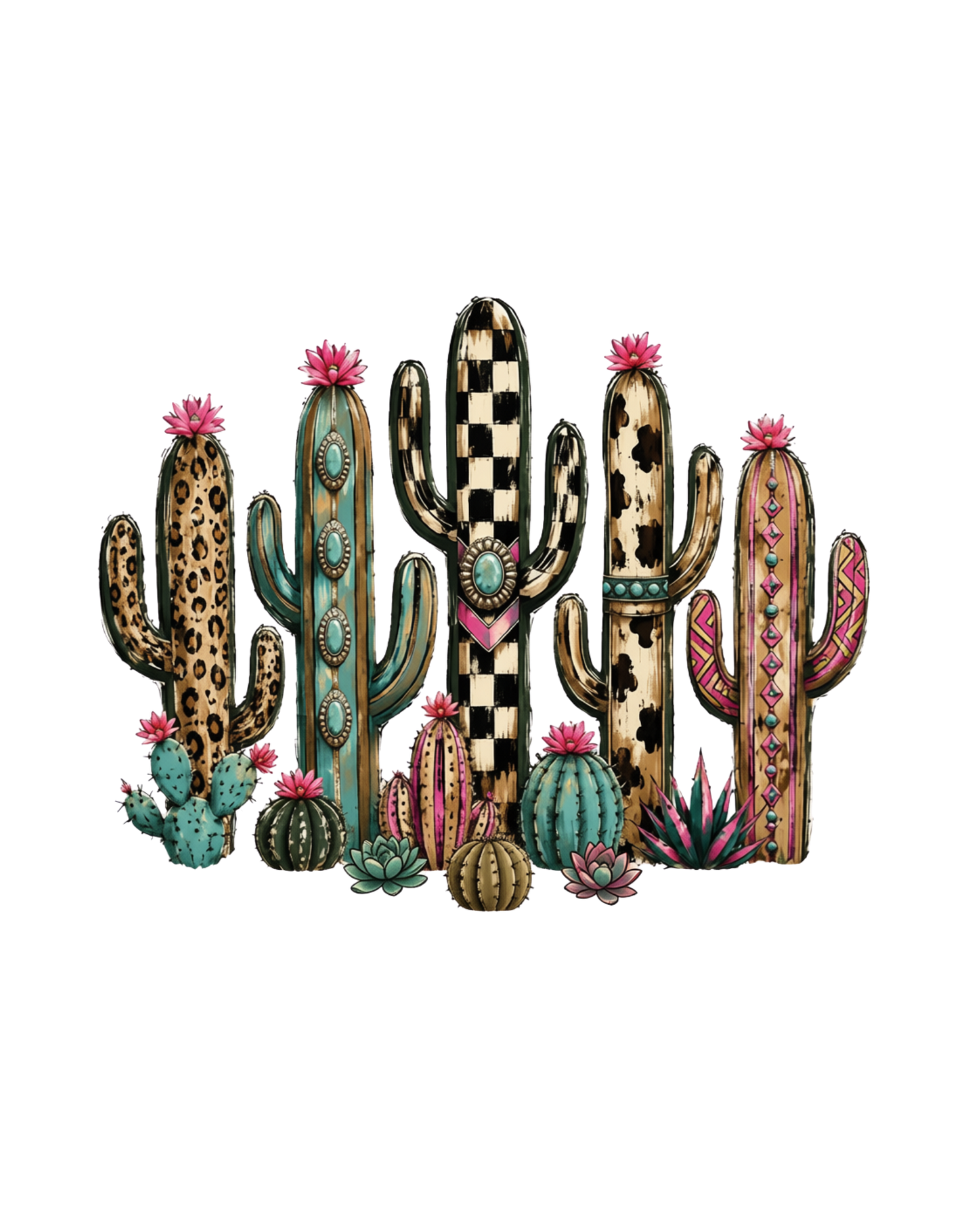 Boho Western cactus cluster graphic with mixed prints and pink flowers