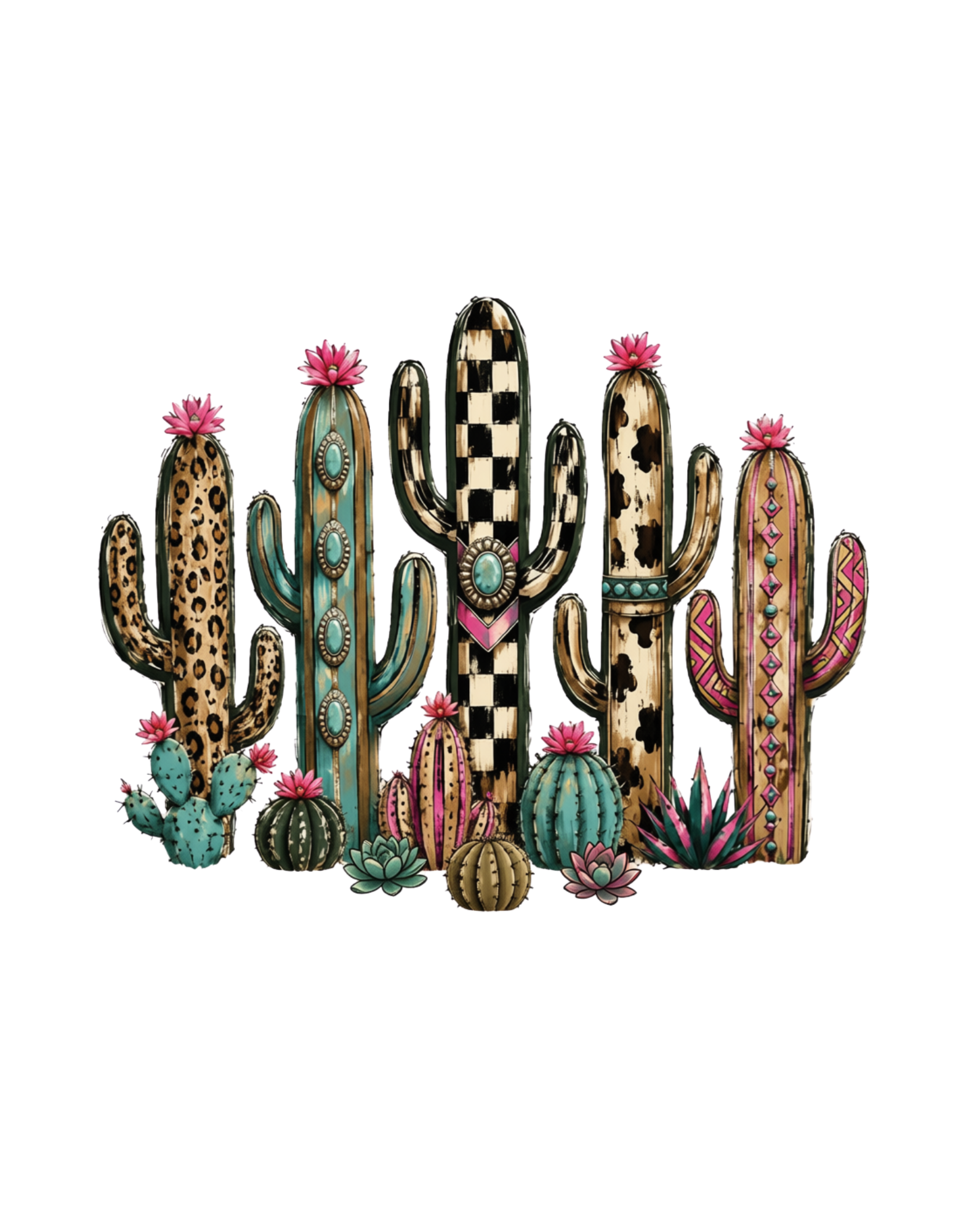Boho Western cactus cluster graphic with mixed prints and pink flowers